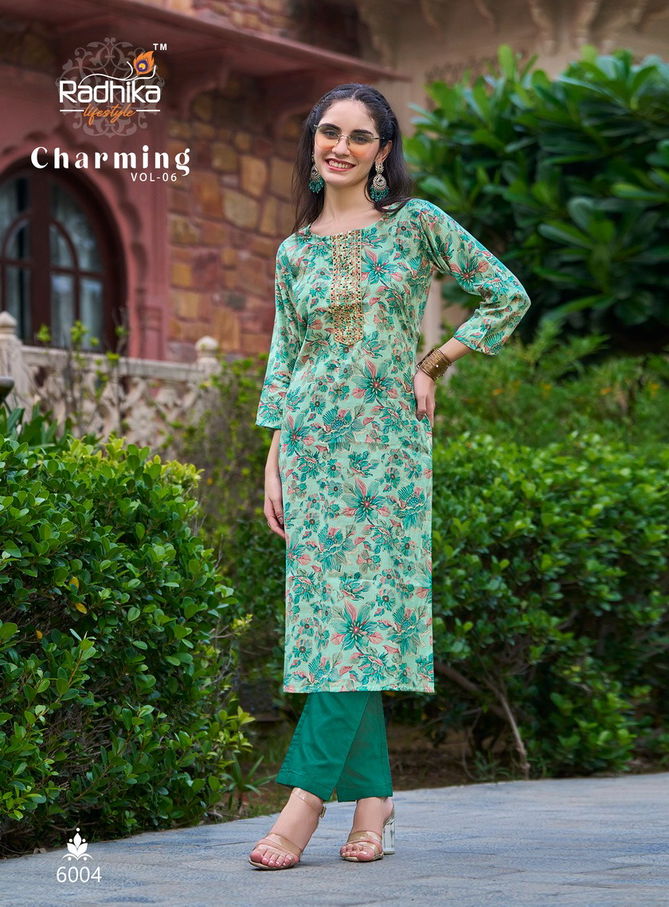 Charming Vol 6 By Radhika Modal Chanderi Work Designer Kurtis Wholesale Price In Surat
